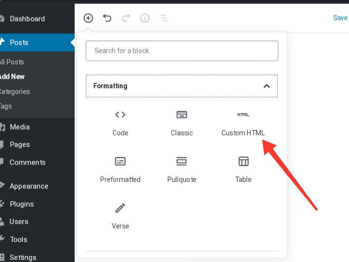 Custom HTML in the Guttenberg editor